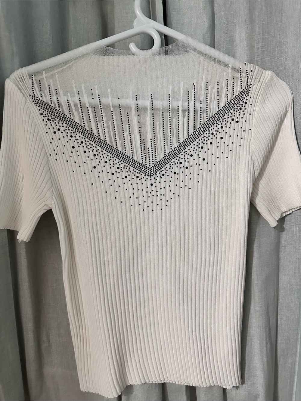 Ivory Ribbed Knit Rhinestone Embellished Illusion Mesh Top Size S - Picture 5 of 5
